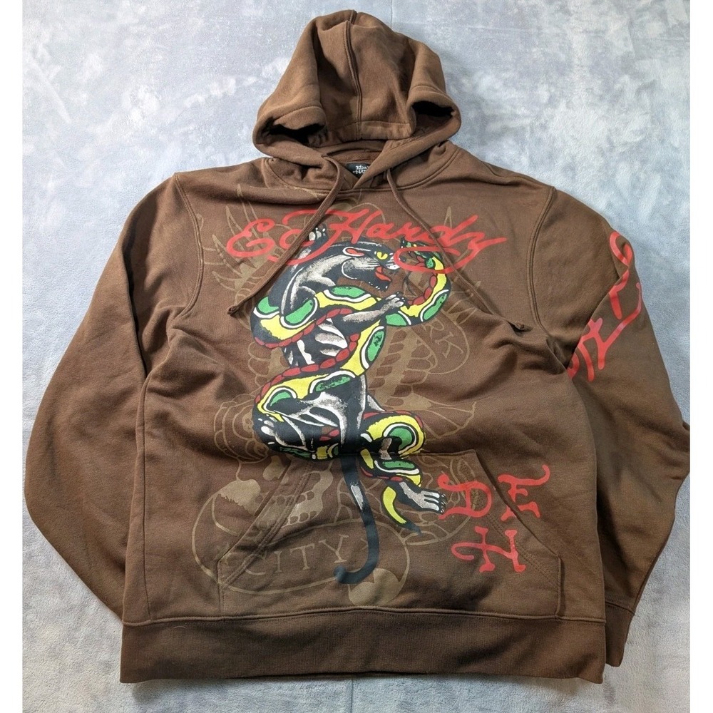 Ed Hardy Panther Snake Tattoo Print Hoodie With Red Ed Hardy Print Brown Men's M
